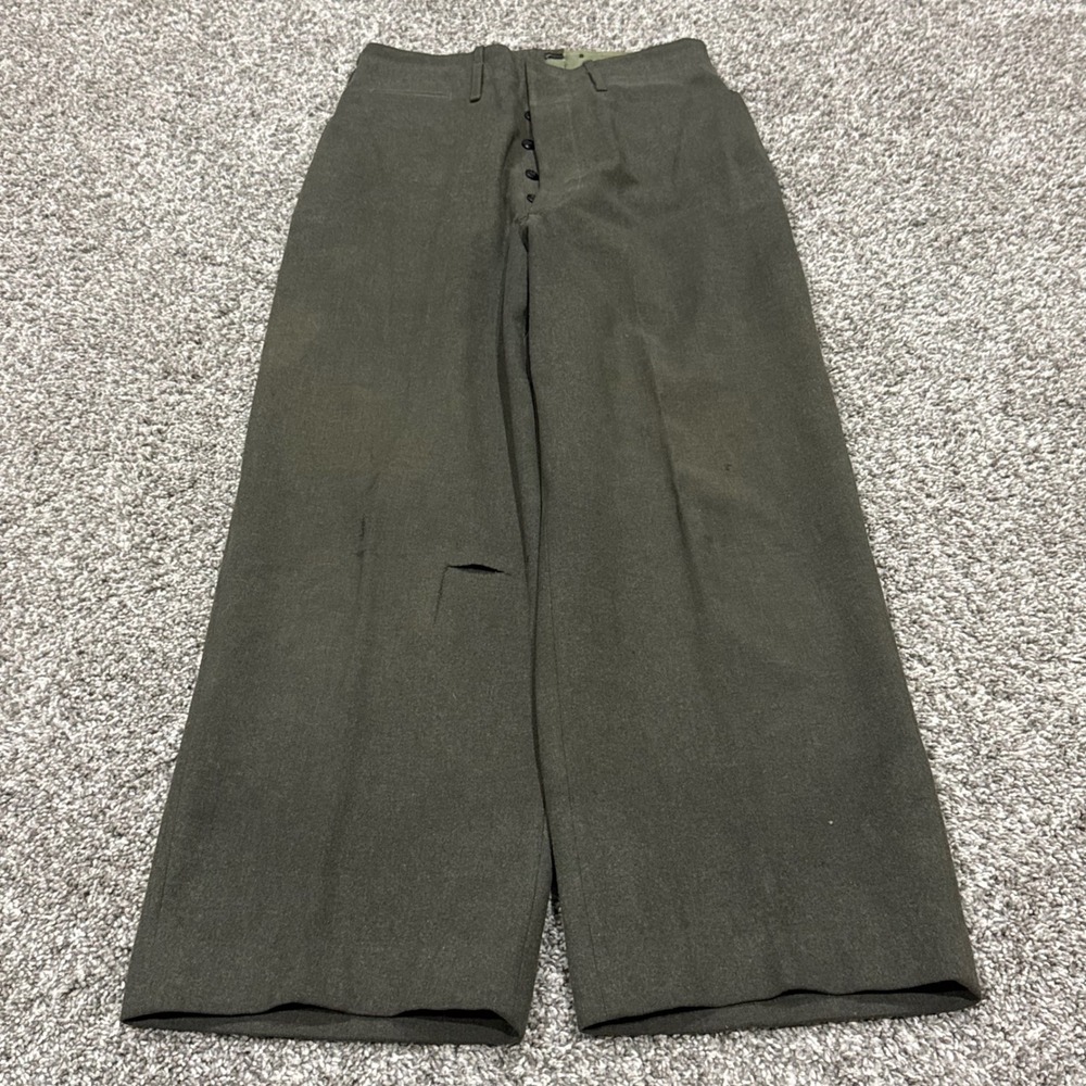 VTG 1940s US Military Wool Field Trousers‎ Olive Button Fly Wide Leg Pants 30x28